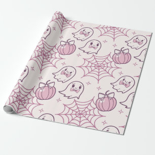 Kawaii Pink Halloween Ghosts & Pumpkin Wrapping Paper