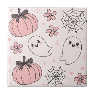 Kawaii Pink Halloween Ghosts & Pumpkins Ceramic Tile
