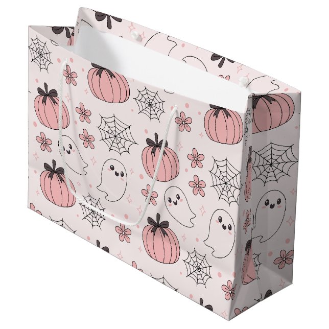 Kawaii Pink Halloween Ghosts & Pumpkins Large Gift Bag (Front Angled)