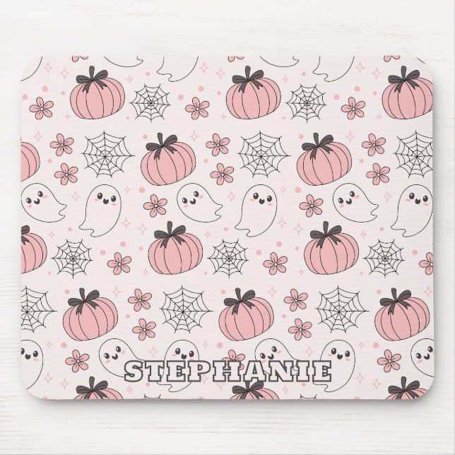 Kawaii Pink Halloween Ghosts & Pumpkins Mouse Pad (Front)