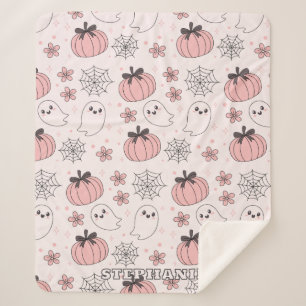 Kawaii Pink Halloween Ghosts & Pumpkins Sherpa Blanket