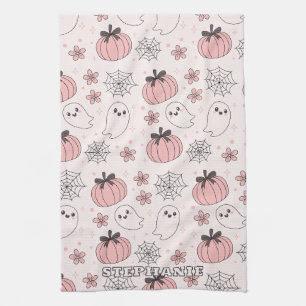 Kawaii Pink Halloween Ghosts & Pumpkins Tea Towel