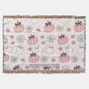 Kawaii Pink Halloween Ghosts & Pumpkins Throw Blanket