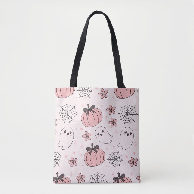 Kawaii Pink Halloween Ghosts & Pumpkins Tote Bag (Front)