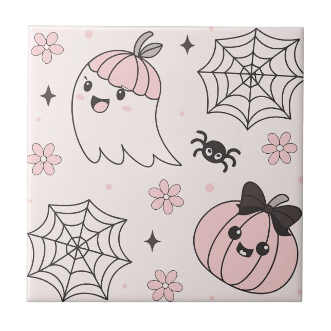 Kawaii Pink Halloween Pattern with Ghost, Pumpkin  Ceramic Tile (Front)