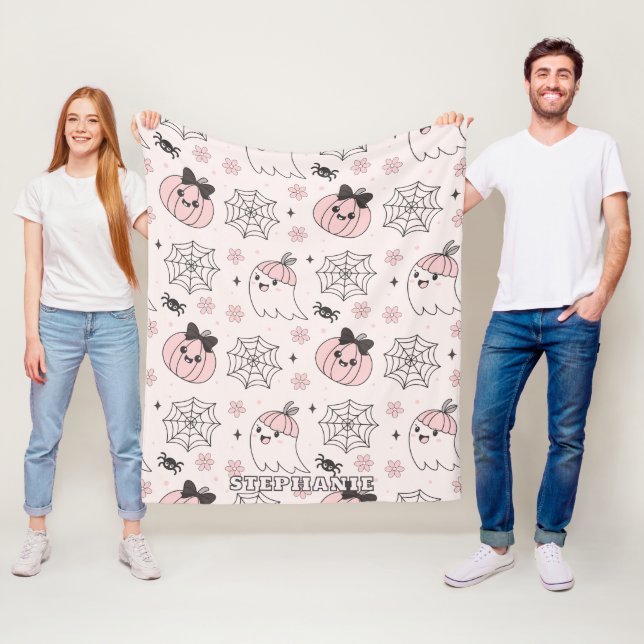 Kawaii Pink Halloween Pattern with Ghost, Pumpkin  Fleece Blanket (In Situ)