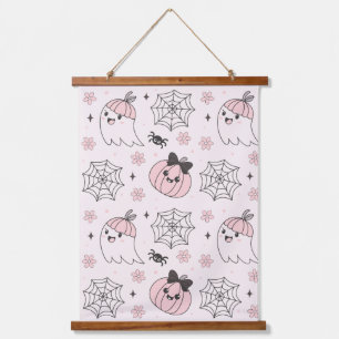 Kawaii Pink Halloween Pattern with Ghost, Pumpkin  Hanging Tapestry