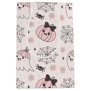 Kawaii Pink Halloween Pattern with Ghost, Pumpkin Medium Gift Bag