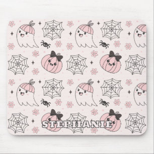 Kawaii Pink Halloween Pattern with Ghost, Pumpkin Mouse Pad