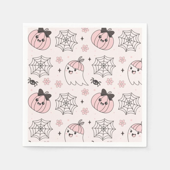 Kawaii Pink Halloween Pattern with Ghost, Pumpkin  Napkin (Front)