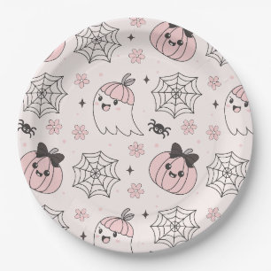 Kawaii Pink Halloween Pattern with Ghost, Pumpkin  Paper Plate
