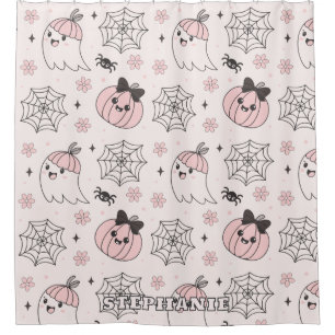 Kawaii Pink Halloween Pattern with Ghost, Pumpkin  Shower Curtain