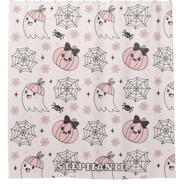 Kawaii Pink Halloween Pattern with Ghost, Pumpkin  Shower Curtain (Front)