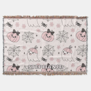 Kawaii Pink Halloween Pattern with Ghost, Pumpkin Throw Blanket