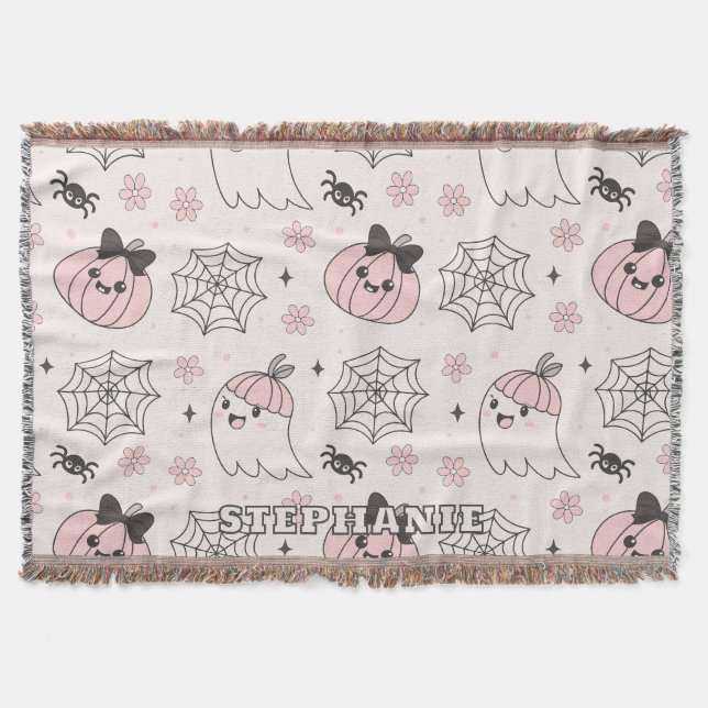 Kawaii Pink Halloween Pattern with Ghost, Pumpkin  Throw Blanket (Front)