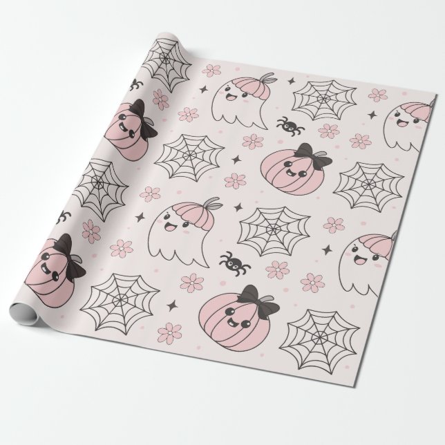 Kawaii Pink Halloween Pattern with Ghost, Pumpkin  Wrapping Paper (Unrolled)