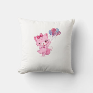 Kawaii Pink Kitten Pillow with Colorful Balloons –