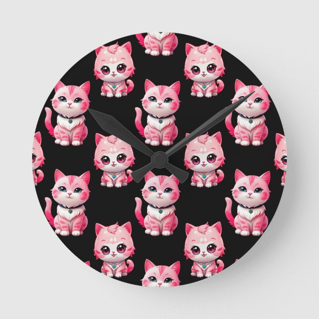 Kawaii Pink Kitty Cats Design  Round Clock (Front)