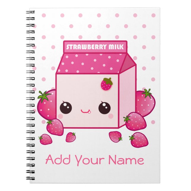 Kawaii pink milk carton with strawberries notebook (Front)