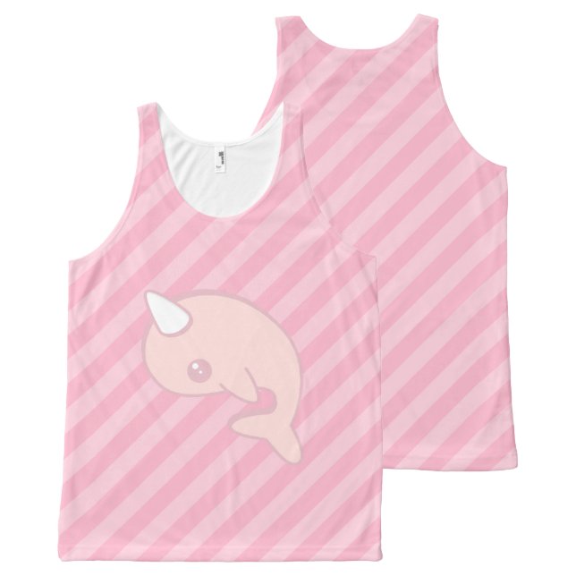 Kawaii Pink Narwhal with pink stripes All-Over Print Singlet (Front and Back)