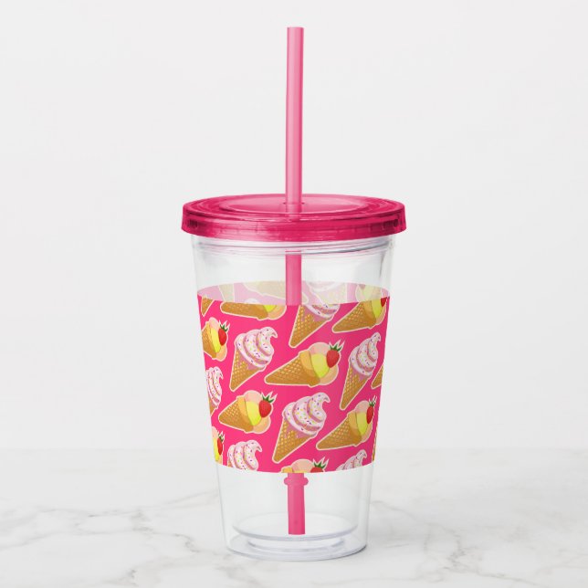 Kawaii pink pattern with strawberry ice cream  acrylic tumbler (Front)