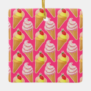 Kawaii pink pattern with strawberry ice cream ceramic ornament