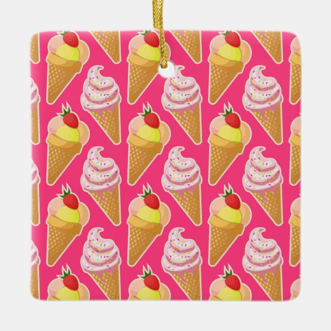 Kawaii pink pattern with strawberry ice cream  ceramic ornament (Front)