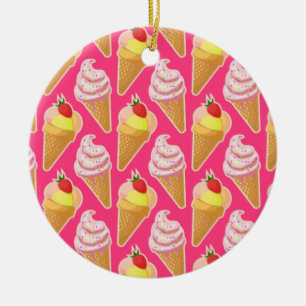 Kawaii pink pattern with strawberry ice cream ceramic ornament