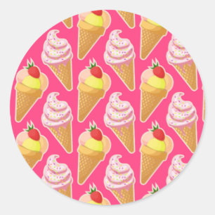 Kawaii pink pattern with strawberry ice cream classic round sticker