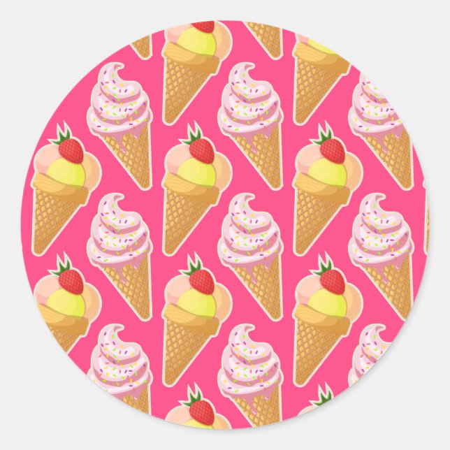 Kawaii pink pattern with strawberry ice cream  classic round sticker (Front)