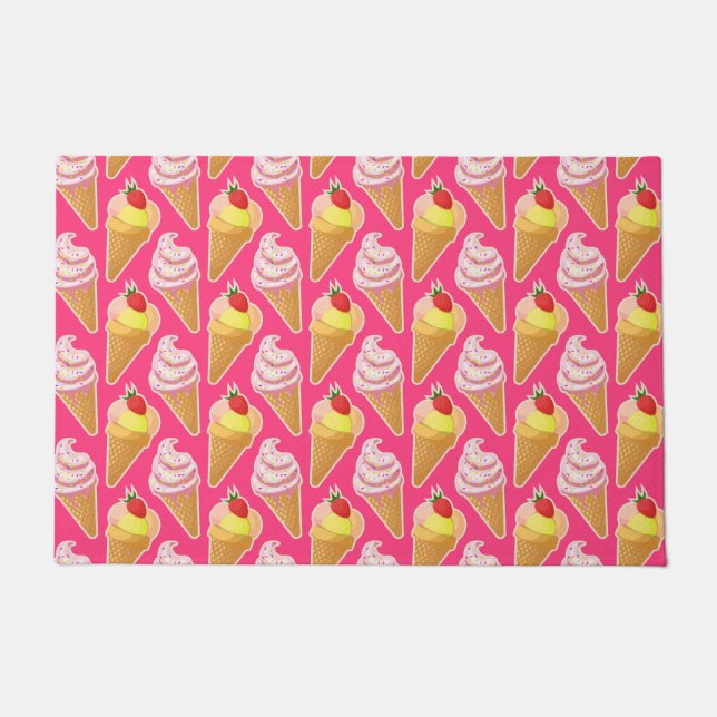 Kawaii pink pattern with strawberry ice cream doormat (Front)