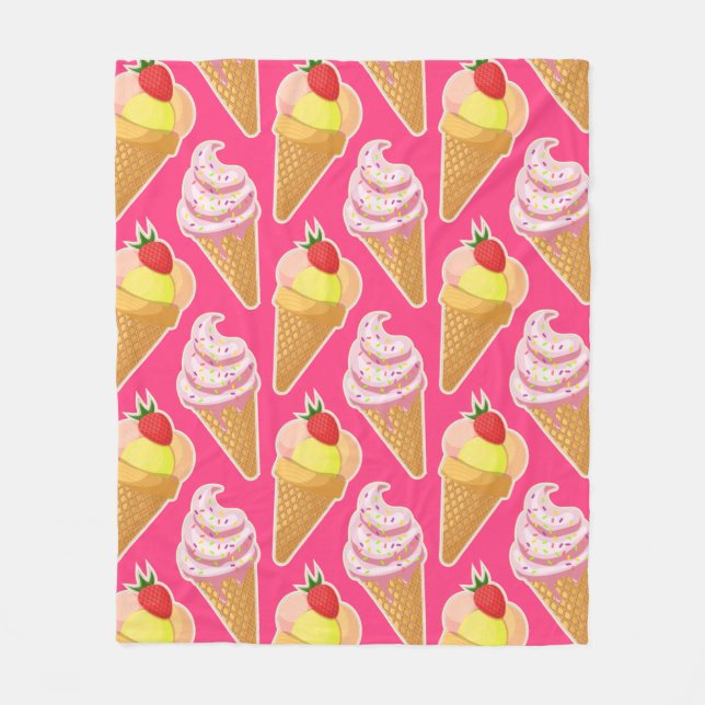 Kawaii pink pattern with strawberry ice cream  fleece blanket (Front)