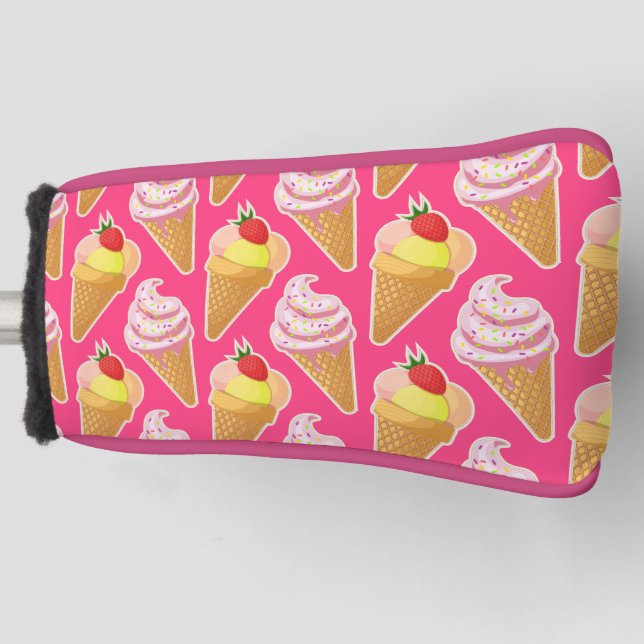 Kawaii pink pattern with strawberry ice cream golf head cover (Front)