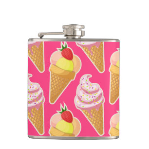 Kawaii pink pattern with strawberry ice cream hip flask