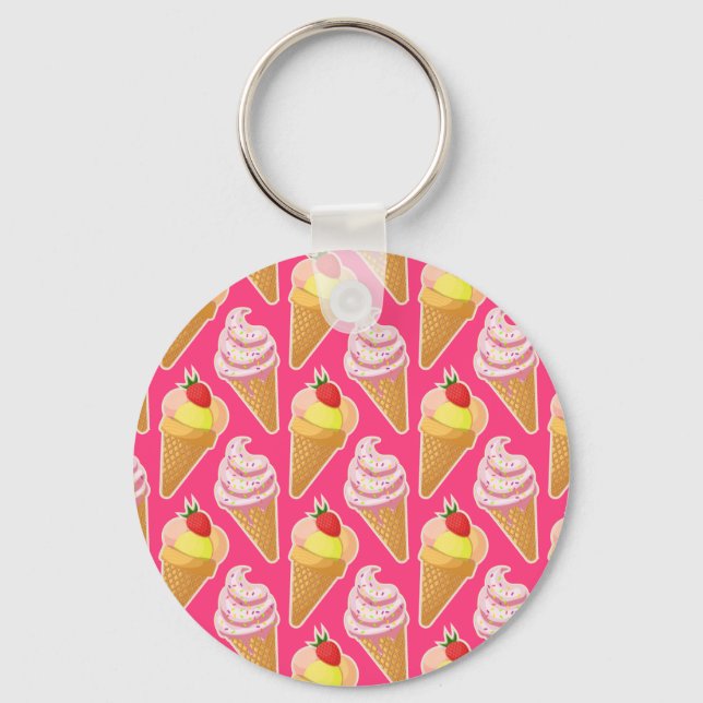 Kawaii pink pattern with strawberry ice cream key ring (Front)