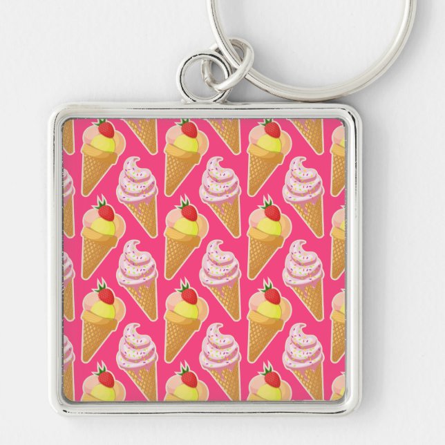 Kawaii pink pattern with strawberry ice cream  key ring (Front)