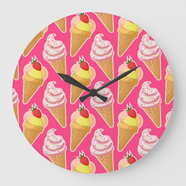 Kawaii pink pattern with strawberry ice cream  large clock (Front)