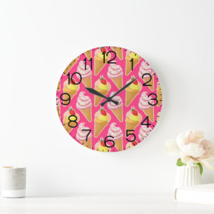 Kawaii pink pattern with strawberry ice cream large clock