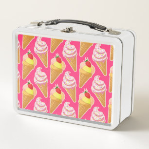Kawaii pink pattern with strawberry ice cream metal lunch box