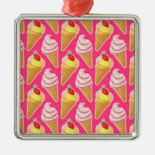 Kawaii pink pattern with strawberry ice cream metal ornament