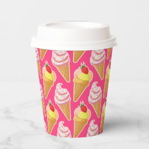 Kawaii pink pattern with strawberry ice cream paper cups