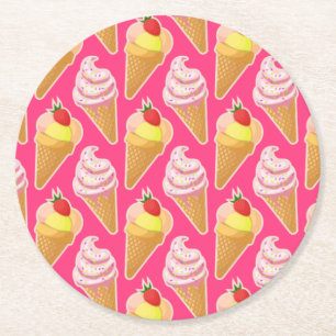 Kawaii pink pattern with strawberry ice cream round paper coaster