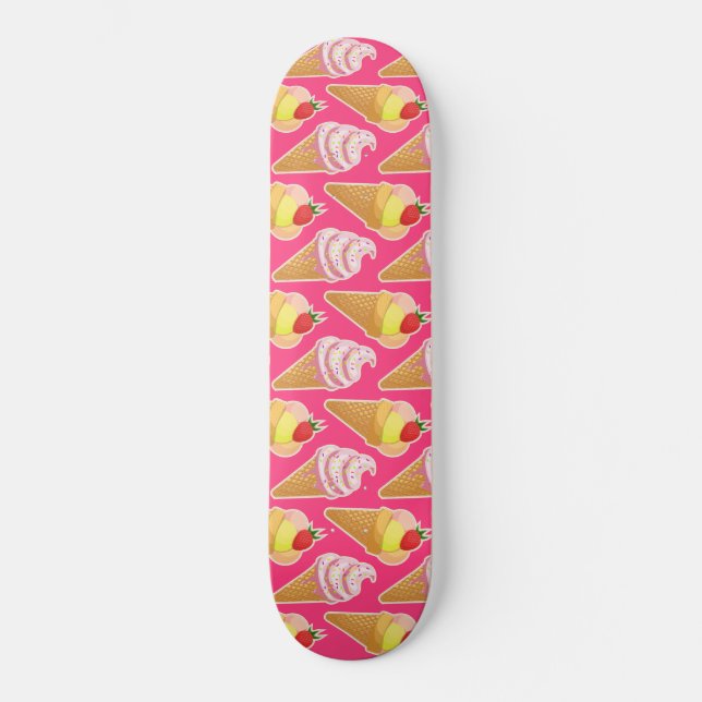 Kawaii pink pattern with strawberry ice cream skateboard (Front)