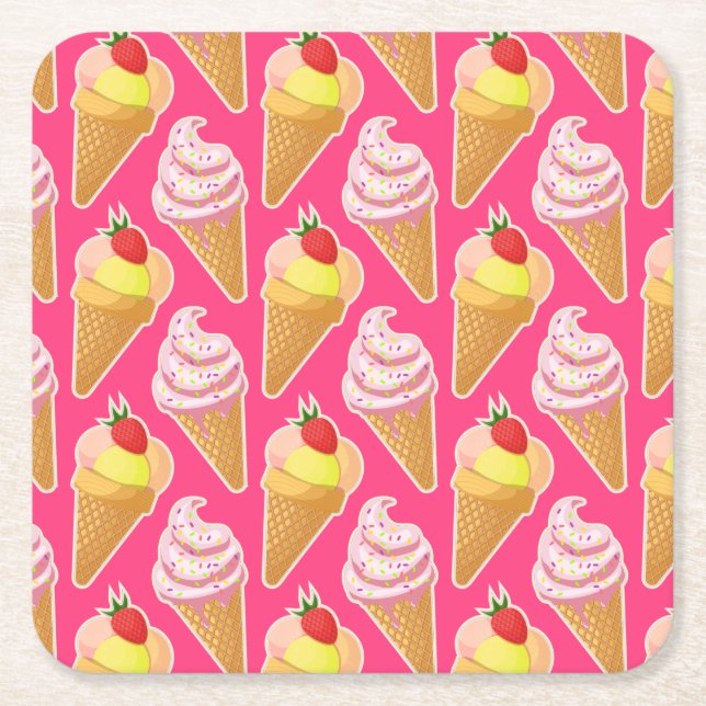 Kawaii pink pattern with strawberry ice cream square paper coaster (Front)
