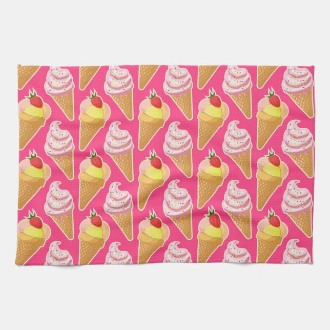 Kawaii pink pattern with strawberry ice cream  tea towel (Horizontal)