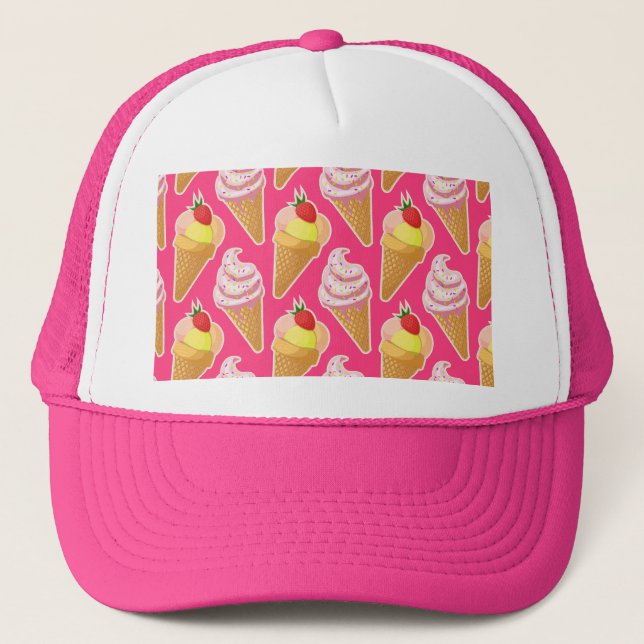 Kawaii pink pattern with strawberry ice cream  trucker hat (Front)