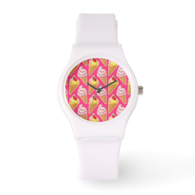 Kawaii pink pattern with strawberry ice cream  watch (Front)