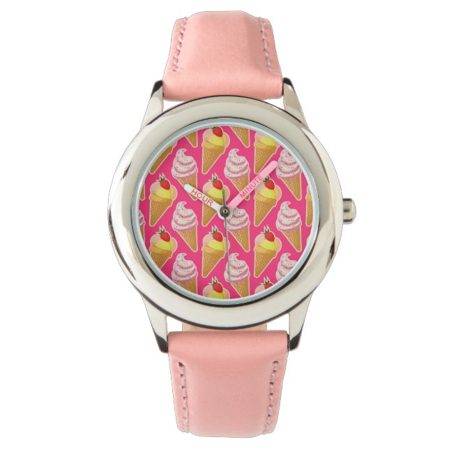 Kawaii pink pattern with strawberry ice cream  watch (Front)