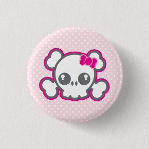 Kawaii Pink Ribbon Skull Button