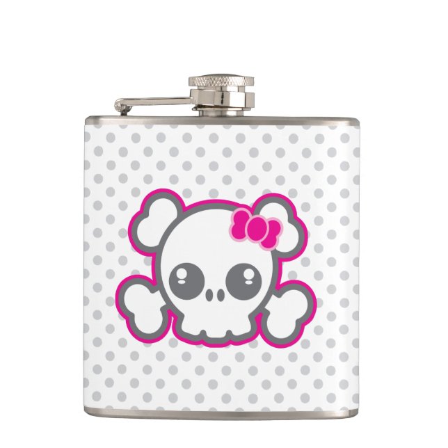 Kawaii Pink Ribbon Skull Flask (Front)